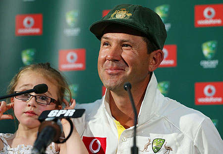 Ricky Ponting addresses a media conference with his daughter Emmy after playing his last International cricket match on Monday