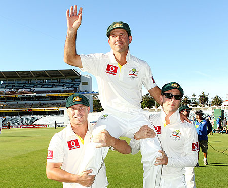 Ricky Ponting of Australia is chaired by David Warner and Michael Clarke after retiring from International cricket at WACA on Monday