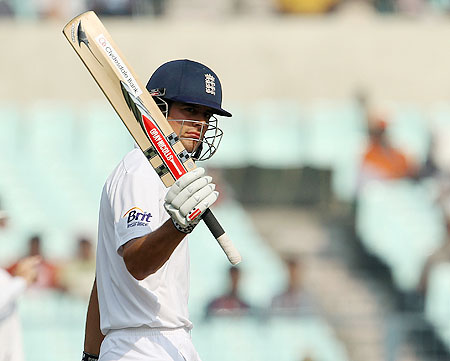 Alastair Cook acknowledges the crowd on completing 150 runs