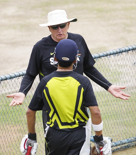India's coach Duncan Fletcher (top) talks to Gautam Gambhir