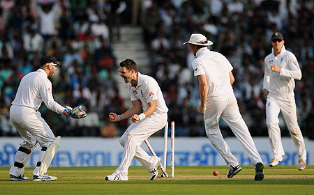 James Anderson of England celebrates the wicket of Sachin Tendulkar on Friday