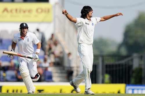 Ishant Sharma celebrates after capturing the wicket of Tim Bresnan