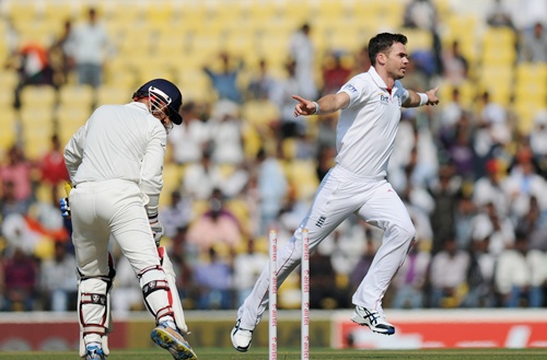 James Anderson celebrates after getting Virender Sehwag bowled out