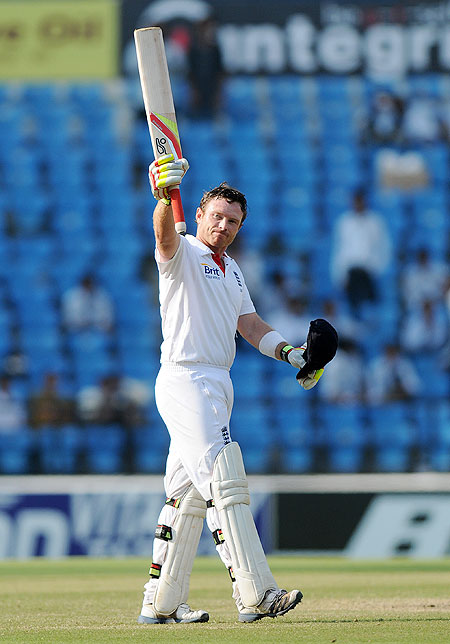 Ian Bell celebrates after scoring his century on Monday
