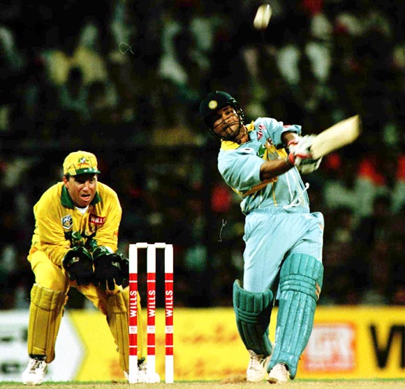 Sachin Tendulkar plays a shot during the 1996 World Cup match against Australia