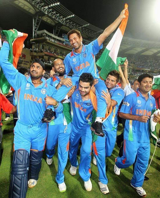 Sachin Tendulkar is chaired around the field by his team-mates as they celebrate winning the 2011 World Cup