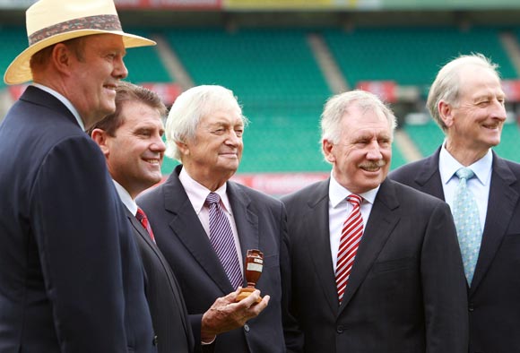 (Left to right) Tony Greig, Mark Taylor, Richie Benaud, Ian Chappell and Bill Lawry