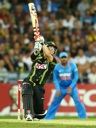 David Warner of Australia bats during the International Twenty20 match between Australia and India at ANZ Stadium on February 1, 2012 in Sydney