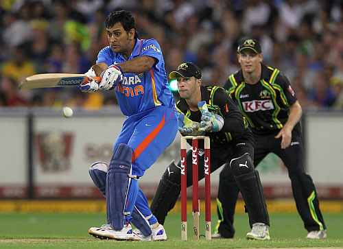 MS Dhoni plays a shot during the second Twenty20 match in Melbourne