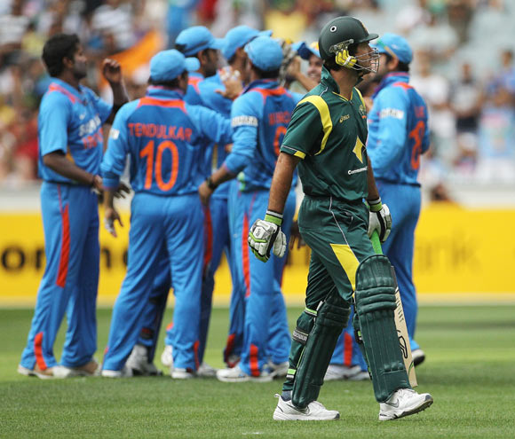 Ricky Ponting of Australia leaves the field after being dismissed during game one of the Commonwealth Bank tri-series between Australia and India at the Melbourne