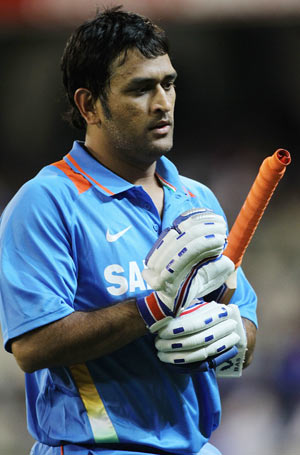 MS Dhoni of India leaves the field after being dismissed during the 1st ODI on Sunday