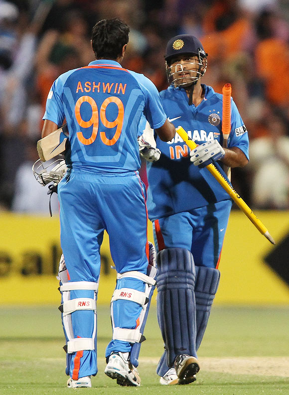 MS Dhoni greets R Ashwin after their win over Australia on Sunday