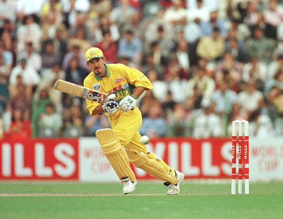 Ricky Ponting of Australia plays a shot during his innings of 45 in the Cricket World Cup Final between Australia and Sri Lanka played at the Gaddafi stadium in Lahore