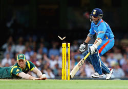 Sachin is run-out by David Warner in Sydney on Sunday