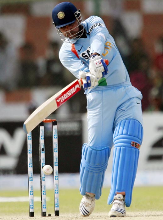 Virender Sehwag hits out against Pakistan during the Asia Cup tournament at the National Cricket Stadium in Karachi, on July 2, 2008