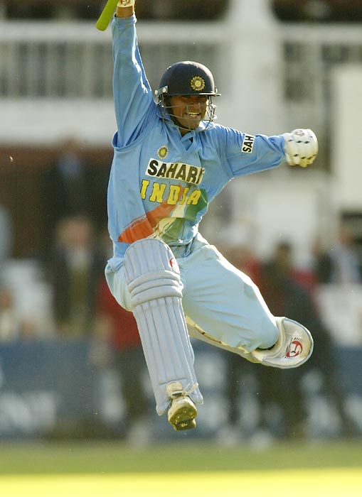 Mohammad Kaif celebrates winning against England in the NatWest Series Final at Lord's in London on July 13, 2002