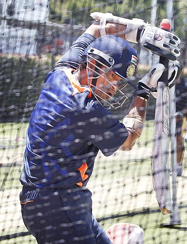 India's Sachin Tendulkar bats in the nets during a practice session at the Sydney Cricket Ground on Monday