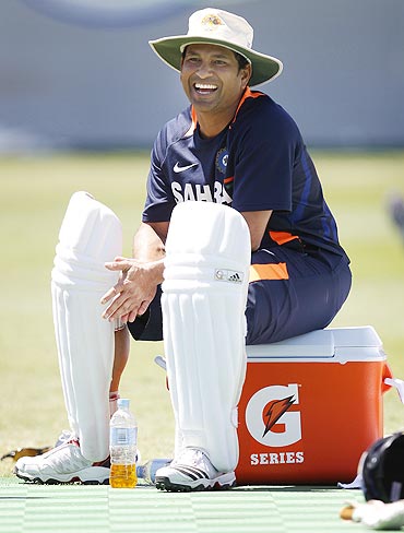 Sachin Tendulkar smiles during a practice session on Monday