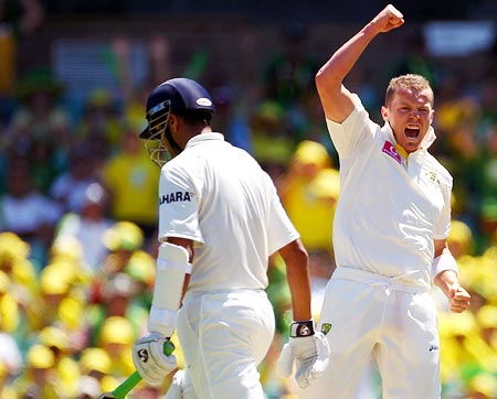 Peter Siddle celebrates after claiming the wicket of Rahul Dravid