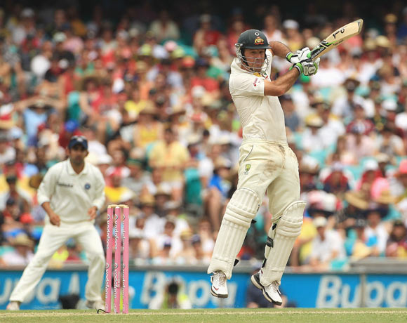Ricky Ponting of Australia cuts during day two of the Second Test Match between Australia and India at Sydney Cricket Ground