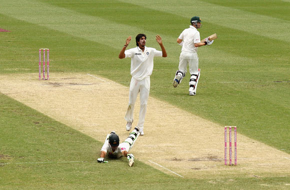 Ricky Ponting of Australia dives for his ground to bring up his century during day two of the Second Test