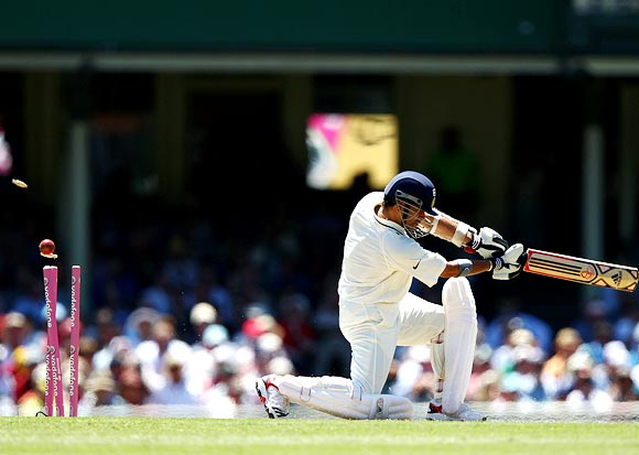 Sachin Tendulkar is bowled by James Pattinson during the second Test in Sydney