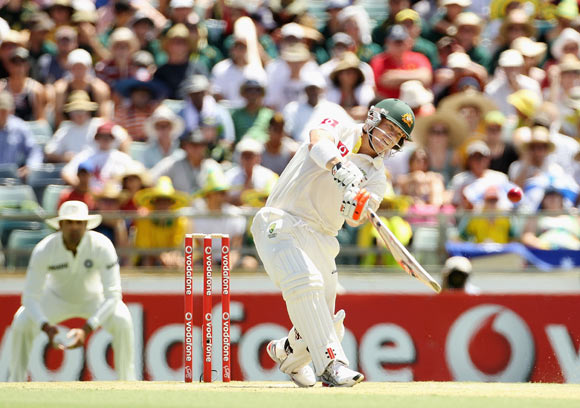 David Warner of Australia hits a six during day two of the Third Test match between Australia and India at WACA on January 14, 2012 in Perth