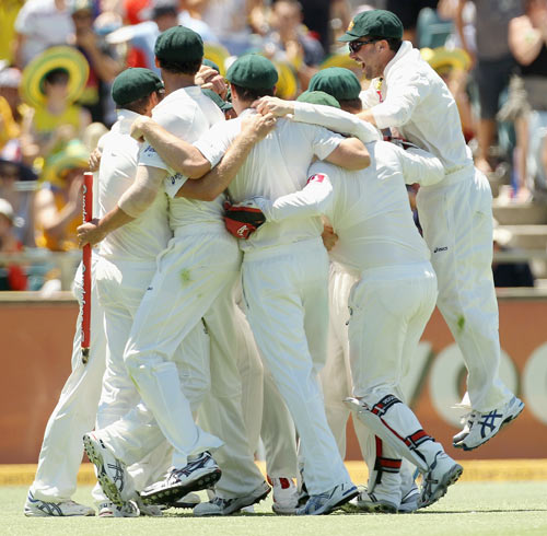 The Australian Team celebrate their victory during day three of the Third Test at WACA