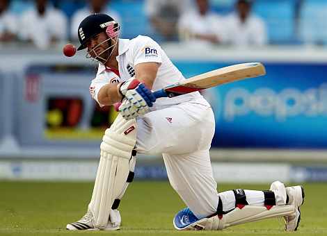 Matt Prior plays a sweep shot during the first Test against England