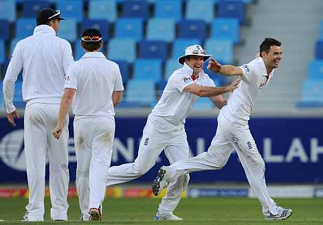 James Anderson celebrates after picking the wicket of Abdul Rehman