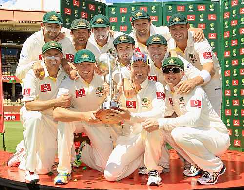 Australian team celebrates after winning fourth Test at Adelaide Oval