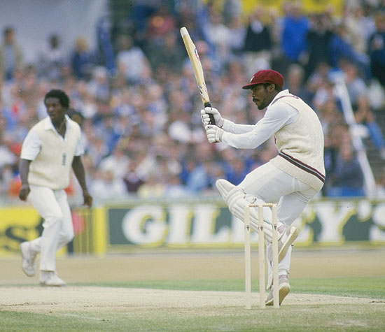 Gordon Greenidge of the West Indies hooks Norman Cowans during his double century against England in the fourth Test at Old Trafford in Manchester