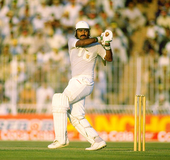 Javed Miandad of Pakistan in action at Gaddafi Stadium in Lahore