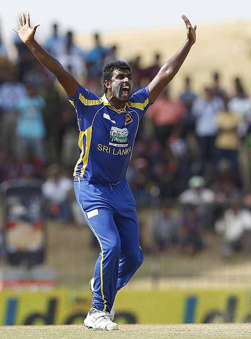 Sri Lanka's Thisara Perera appeals successfully for the wicket of India's Virat Kohli during their second one-day in Hambantota