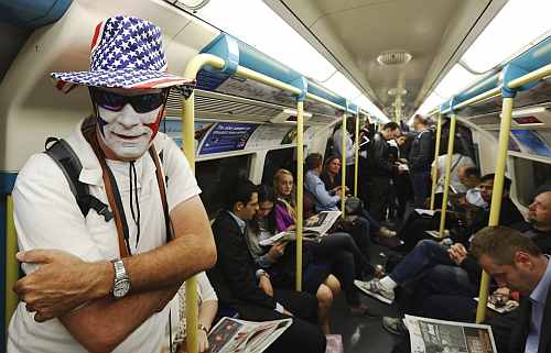 Andy King from Michigan in the U.S. travels to the Olympic Park on a London Underground train