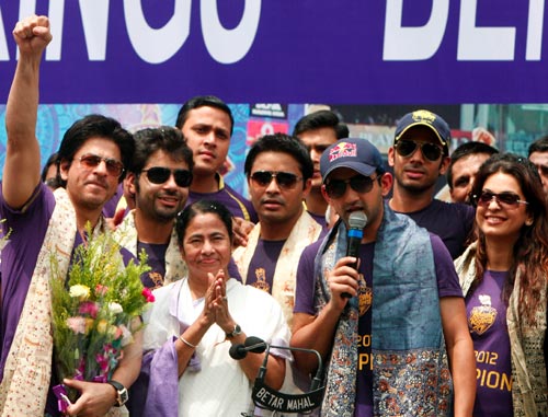Kolkata Knight Riders players celebrate winning the IPL with West Bengal chief minister Mamata Banerjee in Kolkata