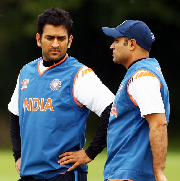 Mahendra Singh Dhoni (left) with Virender Sehwag