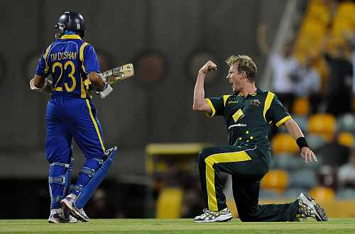 Brett Lee celebrates after picking up the wicket of Dilshan