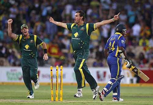 Clint McKay celebrates after picking up a wicket against Sri Lanka