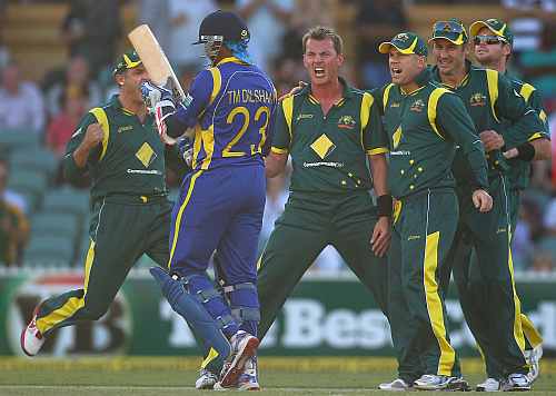 Brett Lee celebrates after picking up a wicket of Tillakaratne Dilshan