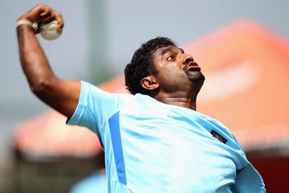 Muttiah Muralitharan bowls in the nets 