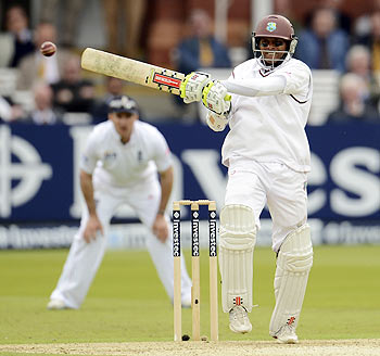 Shivnarine Chanderpaul plays a shot on Day 1 of the first Test vs England on Thursday
