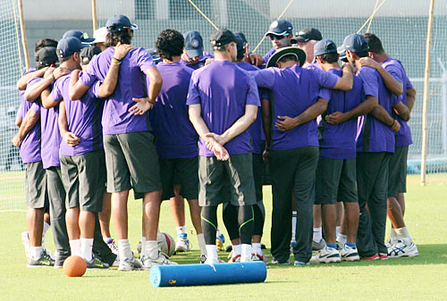 Indian team players in a huddle before the start of the practice session