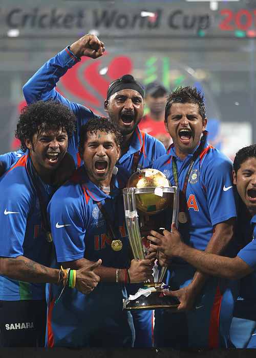Indian players celebrate after winning the ICC Cricket World Cup