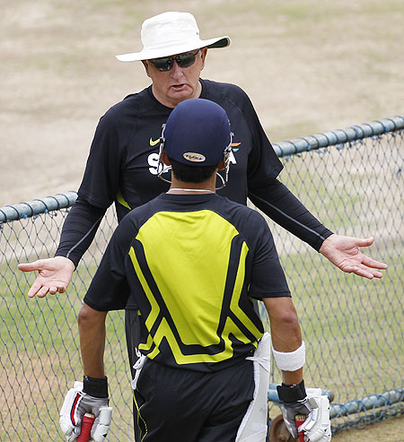 India coach Duncan Fletcher, left, with Gautam Gambhir at a practice session.