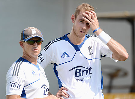 Stuart Broad speaks with coach Andy Flower during a nets session at Sardar Patel Stadium in Ahmedabad on Tuesday