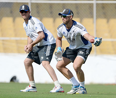 England wicketkeeper Matt Prior (right) and Graeme Swann takes part in a slip fielding drill during a nets session on Tuesday