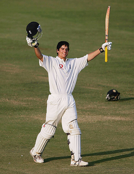 Alastair Cook celebrates his maiden Test century on day four of the First Test against India at the VCA Stadium, Nagpur, on March 4, 2006