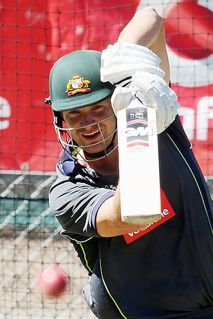 Shane Watson bats in the nets during an Australian training session at the Adelaide Oval on Monday