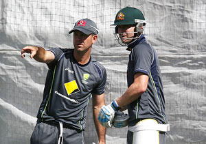 Michael Clarke and Ricky Ponting at a training session